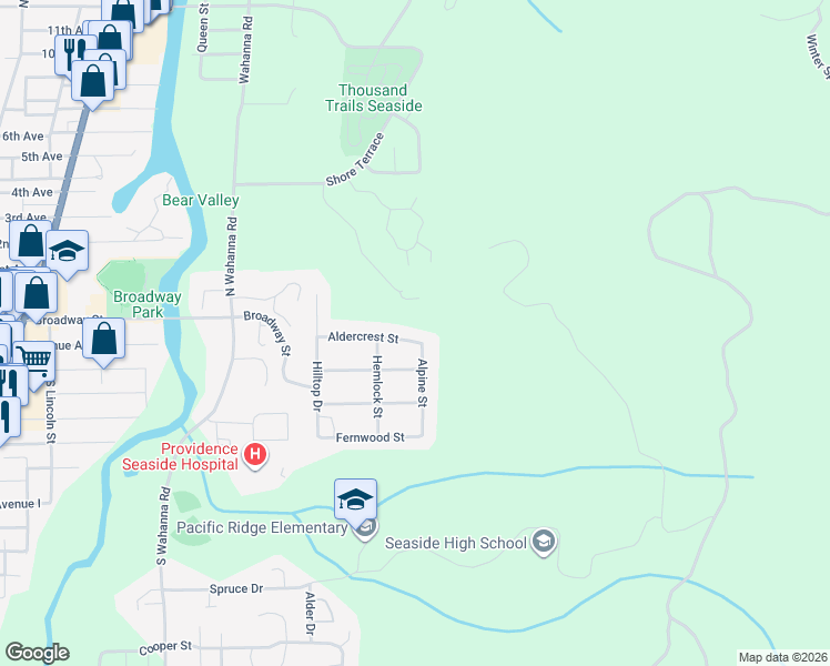 map of restaurants, bars, coffee shops, grocery stores, and more near 2130 Aldercrest Street in Seaside