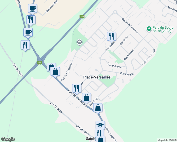 map of restaurants, bars, coffee shops, grocery stores, and more near 150 Croissant du Havre in Lanaudière