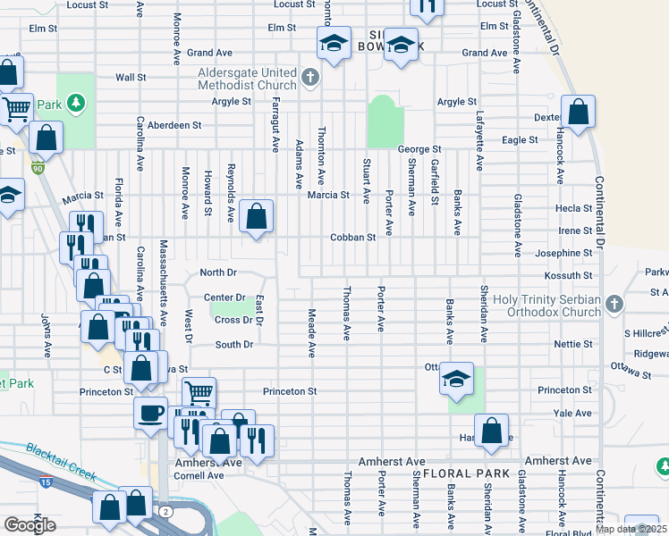 map of restaurants, bars, coffee shops, grocery stores, and more near 2507 Kossuth Street in Butte