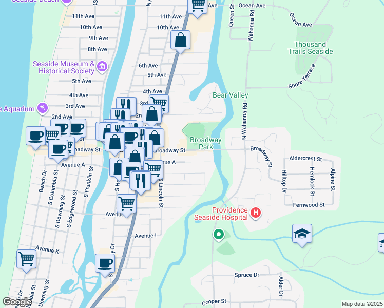 map of restaurants, bars, coffee shops, grocery stores, and more near 1255 Broadway Street in Seaside