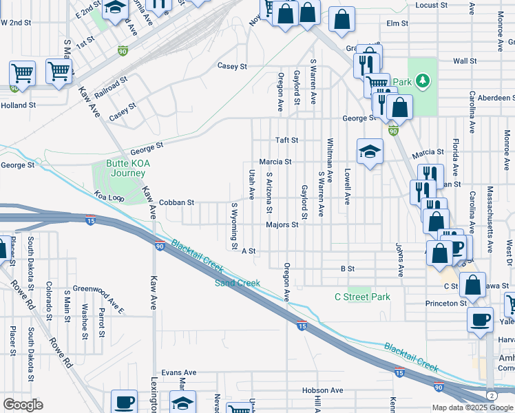 map of restaurants, bars, coffee shops, grocery stores, and more near 2018 Utah Avenue in Butte