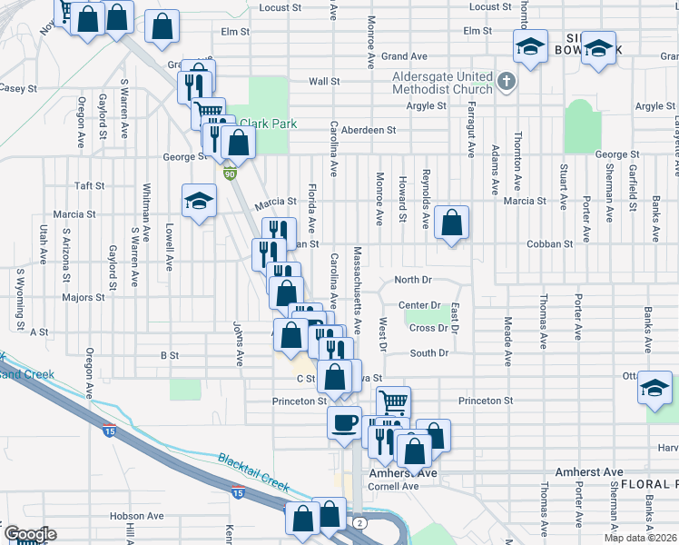 map of restaurants, bars, coffee shops, grocery stores, and more near 2044 Carolina Avenue in Butte
