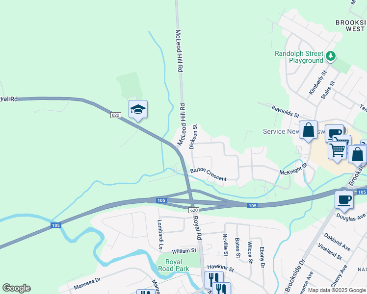 map of restaurants, bars, coffee shops, grocery stores, and more near 16 McLeod Hill Road in Fredericton
