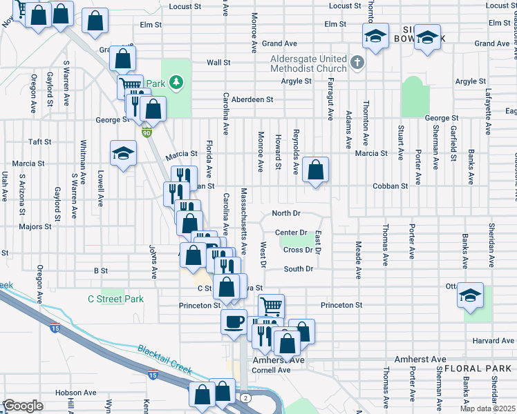 map of restaurants, bars, coffee shops, grocery stores, and more near 2145 North Drive in Butte