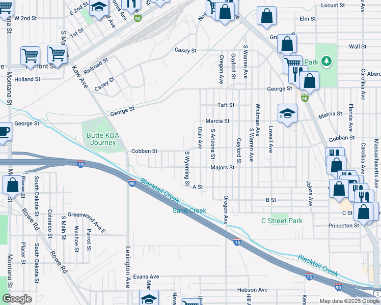 map of restaurants, bars, coffee shops, grocery stores, and more near 1020 Cobban Street in Butte