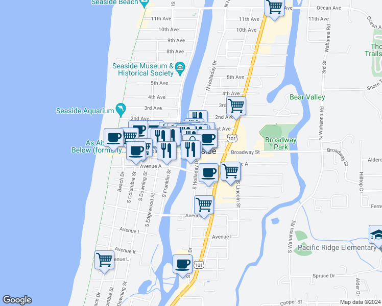 map of restaurants, bars, coffee shops, grocery stores, and more near 609 Broadway Street in Seaside