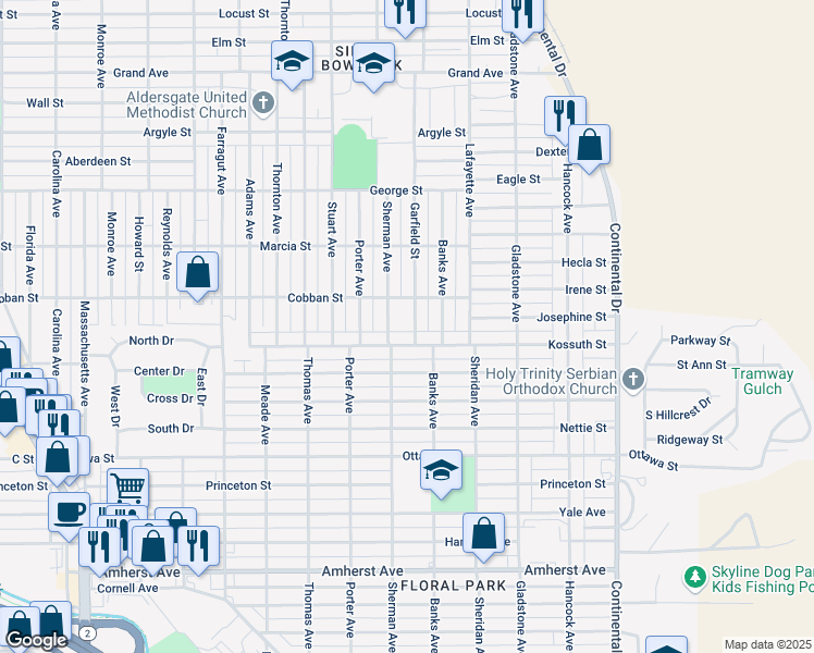 map of restaurants, bars, coffee shops, grocery stores, and more near 2025 Garfield Street in Butte