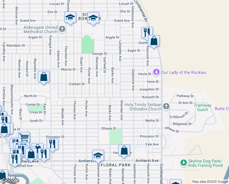 map of restaurants, bars, coffee shops, grocery stores, and more near 2050 Banks Avenue in Butte