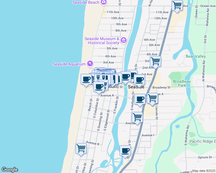 map of restaurants, bars, coffee shops, grocery stores, and more near 300 Broadway Street in Seaside