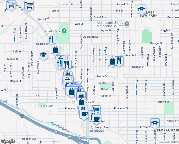 map of restaurants, bars, coffee shops, grocery stores, and more near 2145 North Drive in Butte