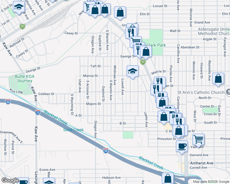 map of restaurants, bars, coffee shops, grocery stores, and more near 2000 Whitman Avenue in Butte