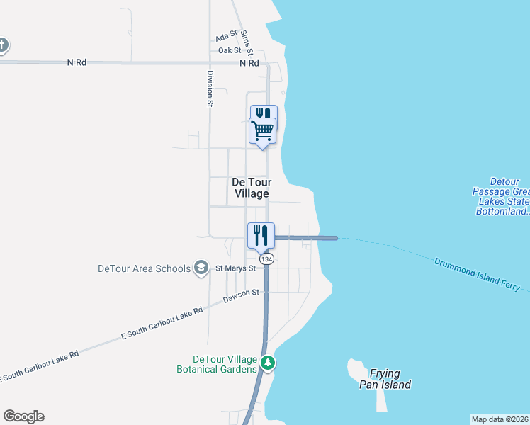 map of restaurants, bars, coffee shops, grocery stores, and more near 131-135 Ontario Street in De Tour Village