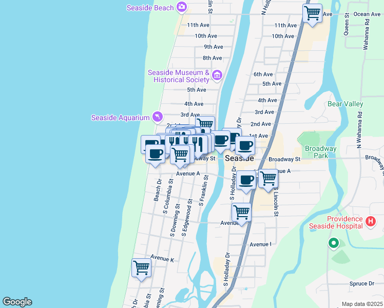 map of restaurants, bars, coffee shops, grocery stores, and more near 300 Broadway Street in Seaside
