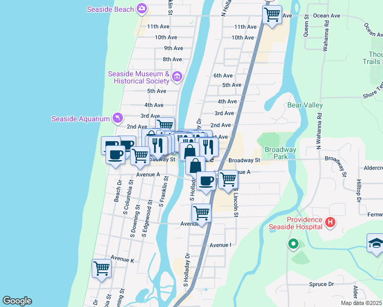 map of restaurants, bars, coffee shops, grocery stores, and more near 609 Broadway Street in Seaside