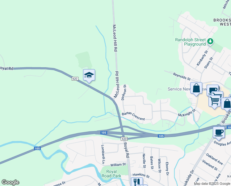 map of restaurants, bars, coffee shops, grocery stores, and more near 16 McLeod Hill Road in Fredericton