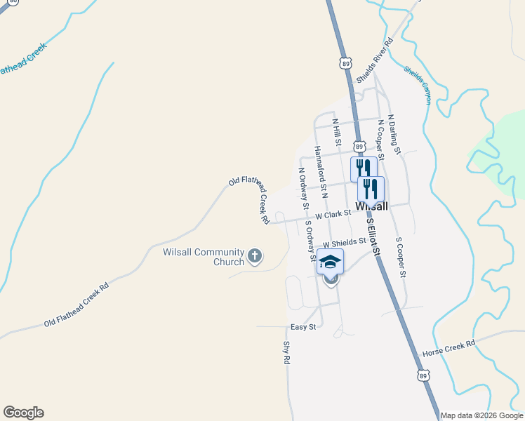 map of restaurants, bars, coffee shops, grocery stores, and more near Old Flathead Creek Road in Wilsall