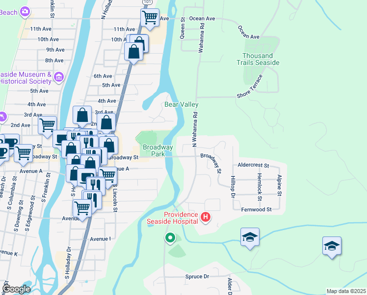 map of restaurants, bars, coffee shops, grocery stores, and more near 150 South Wahanna Road in Seaside