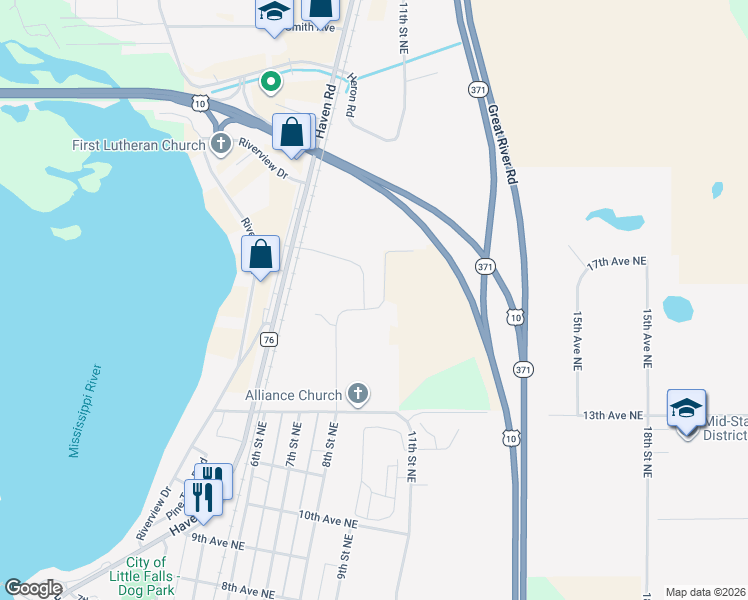 map of restaurants, bars, coffee shops, grocery stores, and more near 1706 Crestview Drive in Little Falls