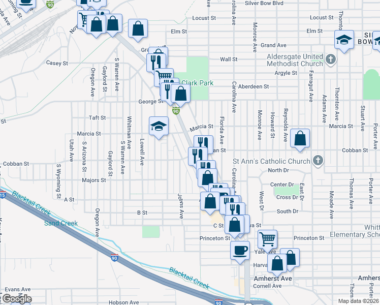 map of restaurants, bars, coffee shops, grocery stores, and more near 1915 Harrison Avenue in Butte