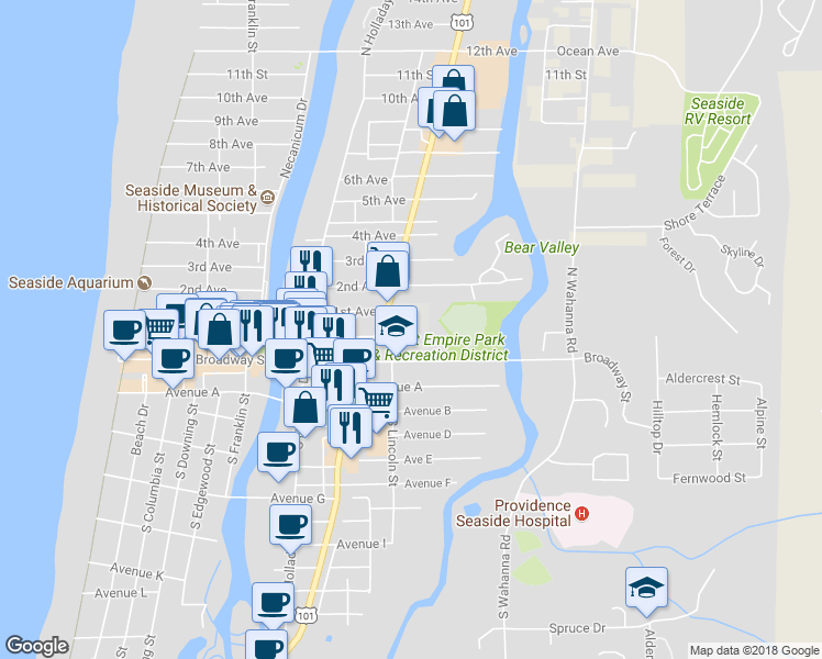 map of restaurants, bars, coffee shops, grocery stores, and more near 1120 Broadway Street in Seaside