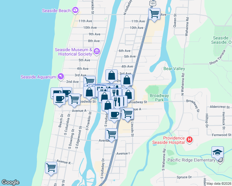 map of restaurants, bars, coffee shops, grocery stores, and more near 820 Oceanway Street in Seaside