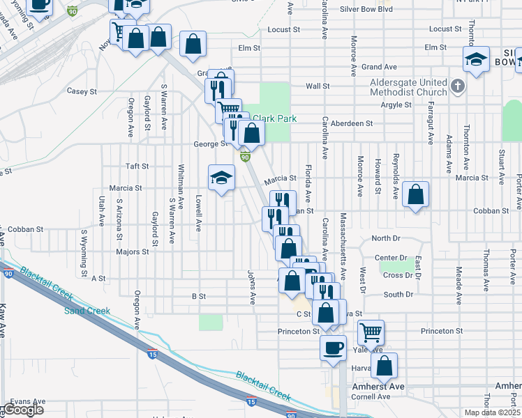 map of restaurants, bars, coffee shops, grocery stores, and more near 1915 Harrison Avenue in Butte