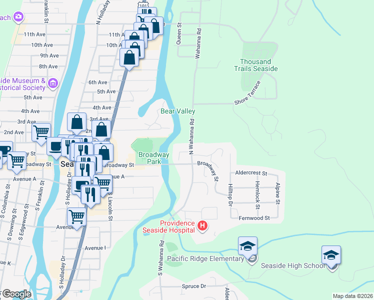 map of restaurants, bars, coffee shops, grocery stores, and more near 48 South Wahanna Road in Seaside