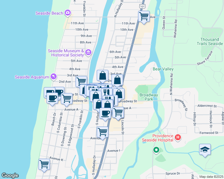 map of restaurants, bars, coffee shops, grocery stores, and more near 910 1st Avenue in Seaside