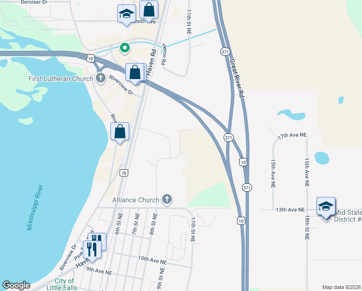 map of restaurants, bars, coffee shops, grocery stores, and more near 1706 Crestview Drive in Little Falls