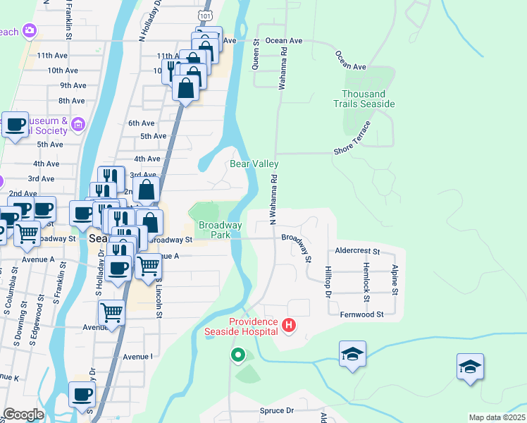 map of restaurants, bars, coffee shops, grocery stores, and more near 160 North Wahanna Road in Seaside
