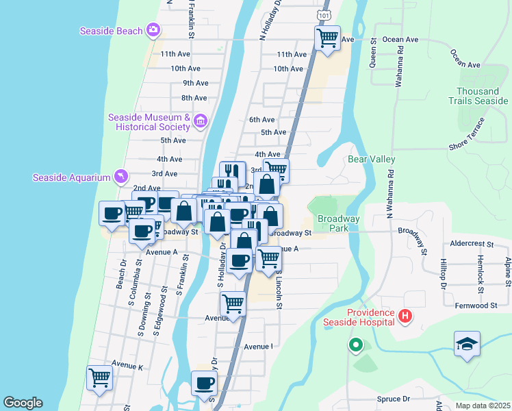 map of restaurants, bars, coffee shops, grocery stores, and more near 910 1st Avenue in Seaside