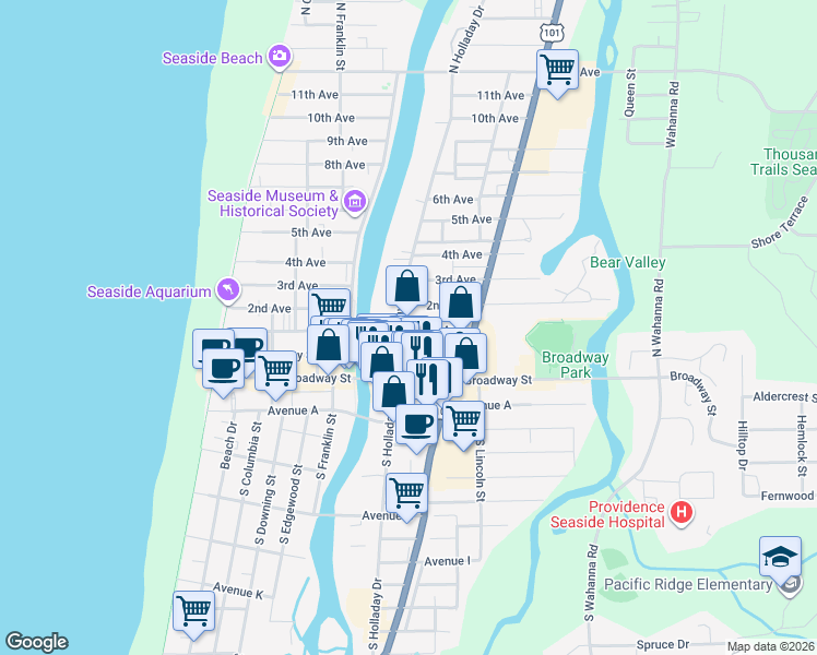 map of restaurants, bars, coffee shops, grocery stores, and more near 712 1st Avenue in Seaside