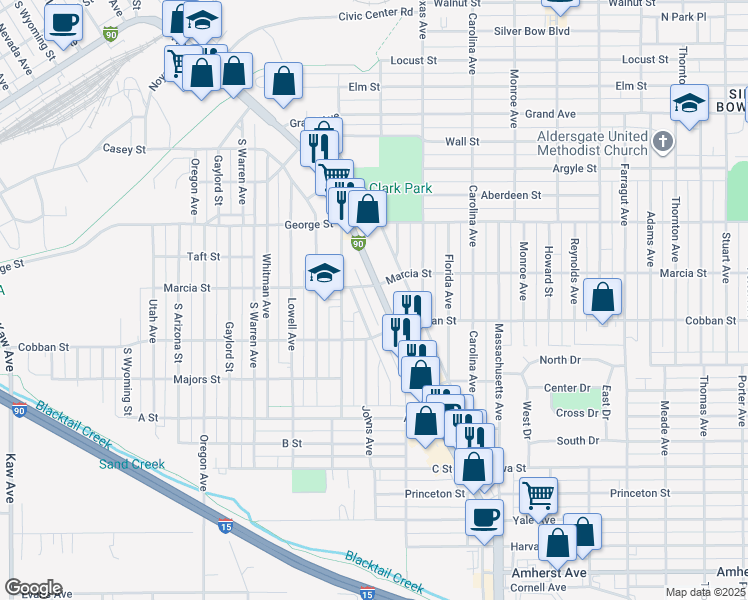 map of restaurants, bars, coffee shops, grocery stores, and more near 1915 Harrison Avenue in Butte