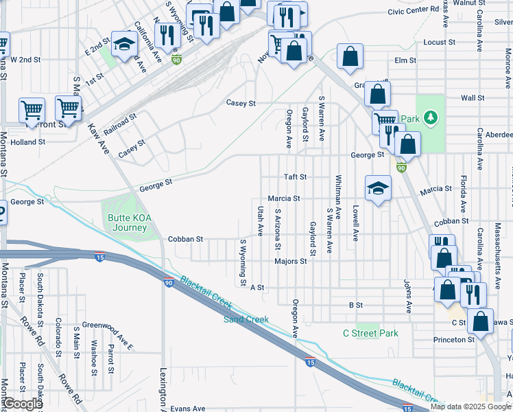 map of restaurants, bars, coffee shops, grocery stores, and more near 1921 Utah Avenue in Butte