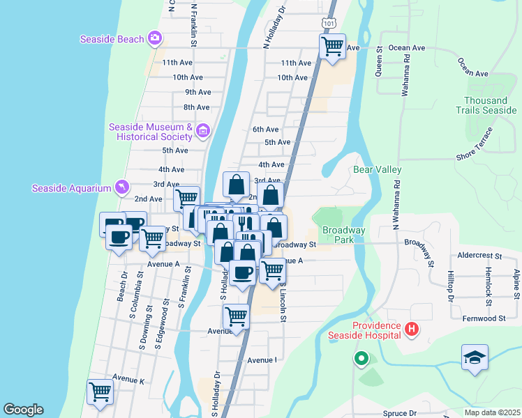 map of restaurants, bars, coffee shops, grocery stores, and more near 910 1st Avenue in Seaside
