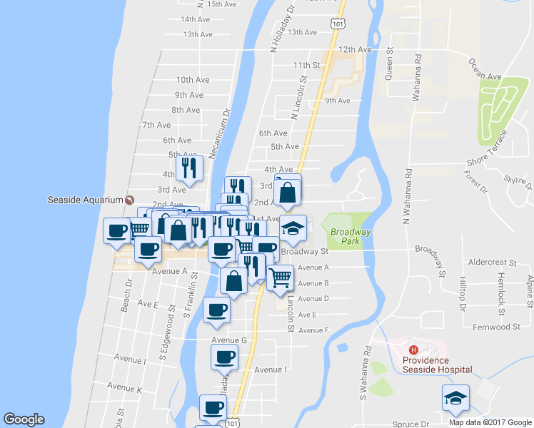 map of restaurants, bars, coffee shops, grocery stores, and more near 850 1st Avenue in Seaside