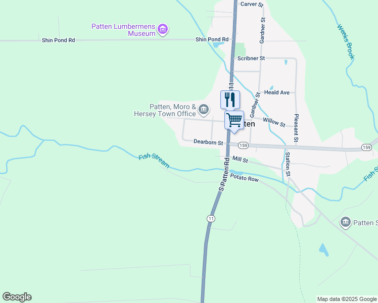 map of restaurants, bars, coffee shops, grocery stores, and more near 19 Mill Street in Patten
