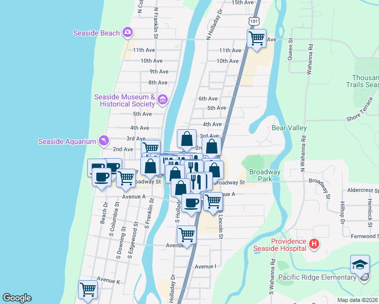 map of restaurants, bars, coffee shops, grocery stores, and more near 712 1st Avenue in Seaside