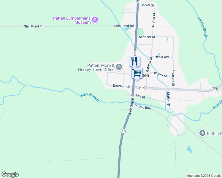 map of restaurants, bars, coffee shops, grocery stores, and more near 19 Mill Street in Patten