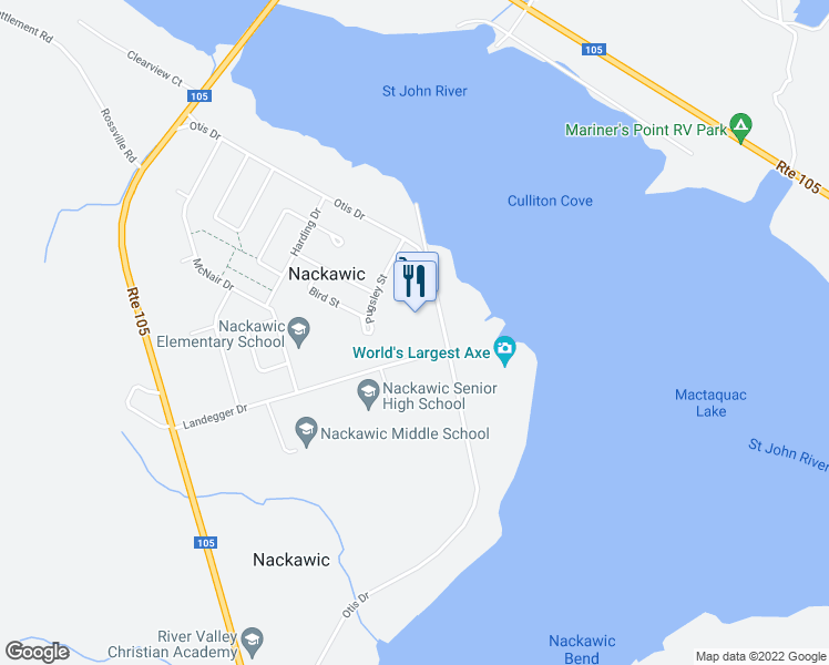 map of restaurants, bars, coffee shops, grocery stores, and more near 135 Otis Drive in Nackawic