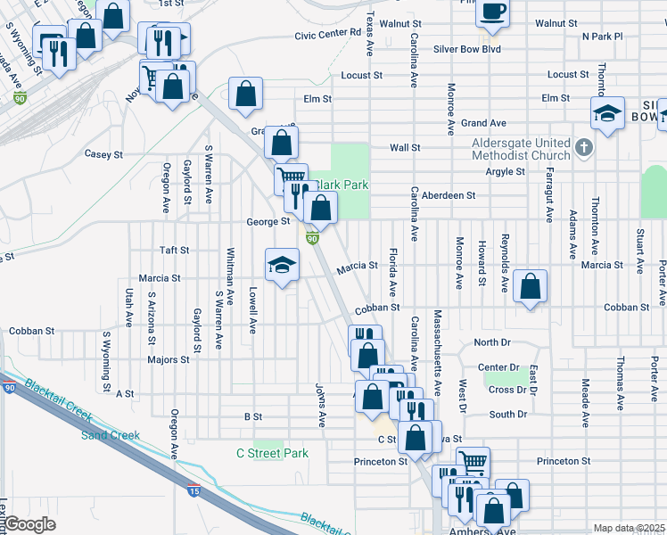 map of restaurants, bars, coffee shops, grocery stores, and more near 1880 Harrison Avenue in Butte