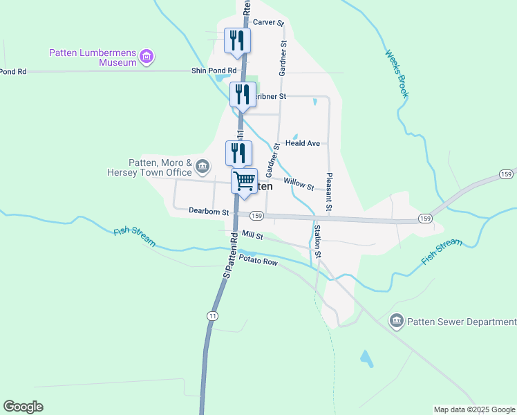 map of restaurants, bars, coffee shops, grocery stores, and more near 30 Houlton Street in Patten
