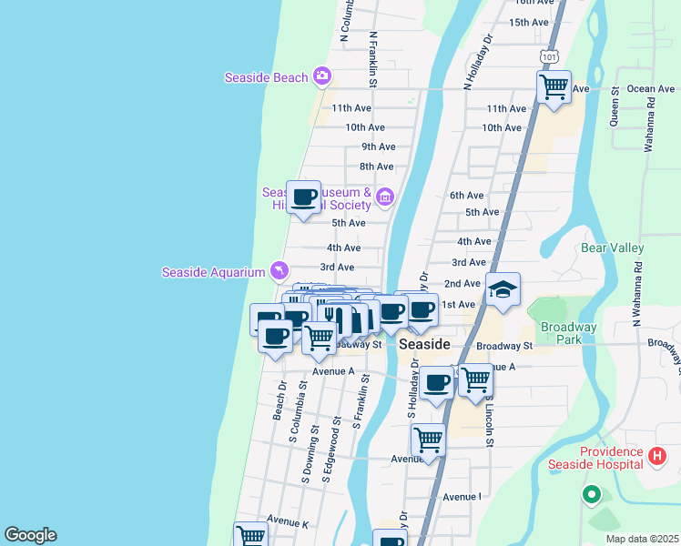 map of restaurants, bars, coffee shops, grocery stores, and more near 304 North Downing Street in Seaside