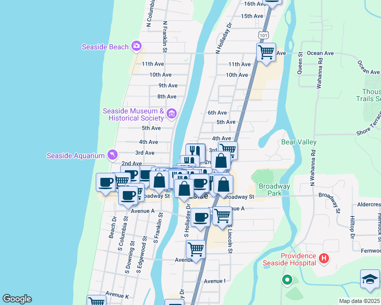 map of restaurants, bars, coffee shops, grocery stores, and more near 304 North Holladay Drive in Seaside
