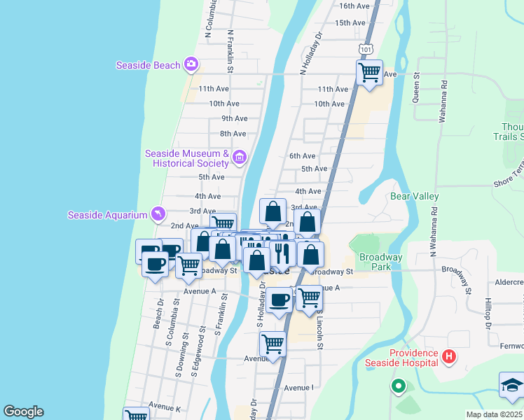 map of restaurants, bars, coffee shops, grocery stores, and more near 304 North Holladay Drive in Seaside