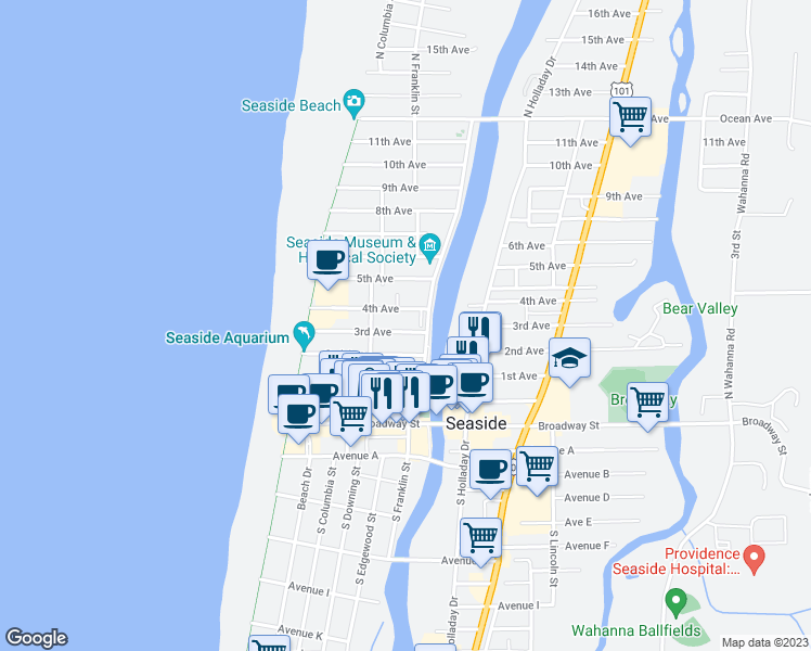 map of restaurants, bars, coffee shops, grocery stores, and more near 422 3rd Ave in Seaside