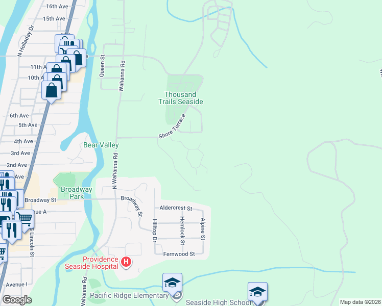 map of restaurants, bars, coffee shops, grocery stores, and more near 2115 Skyline Drive in Seaside