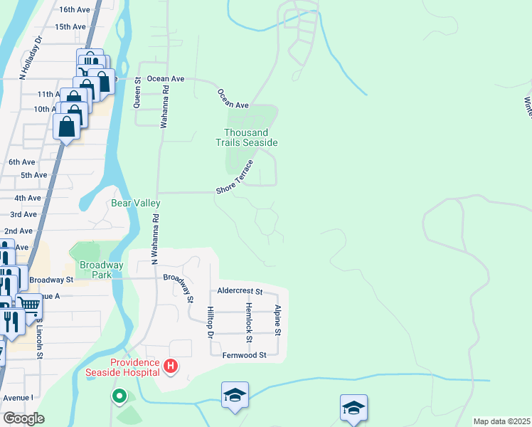 map of restaurants, bars, coffee shops, grocery stores, and more near 2115 Skyline Drive in Seaside