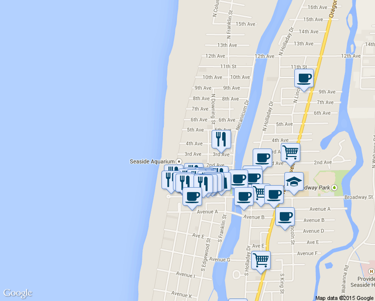 map of restaurants, bars, coffee shops, grocery stores, and more near 68 3rd Ave in Seaside