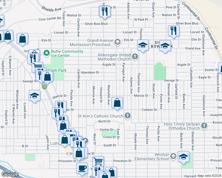 map of restaurants, bars, coffee shops, grocery stores, and more near 1818 Reynolds Avenue in Butte